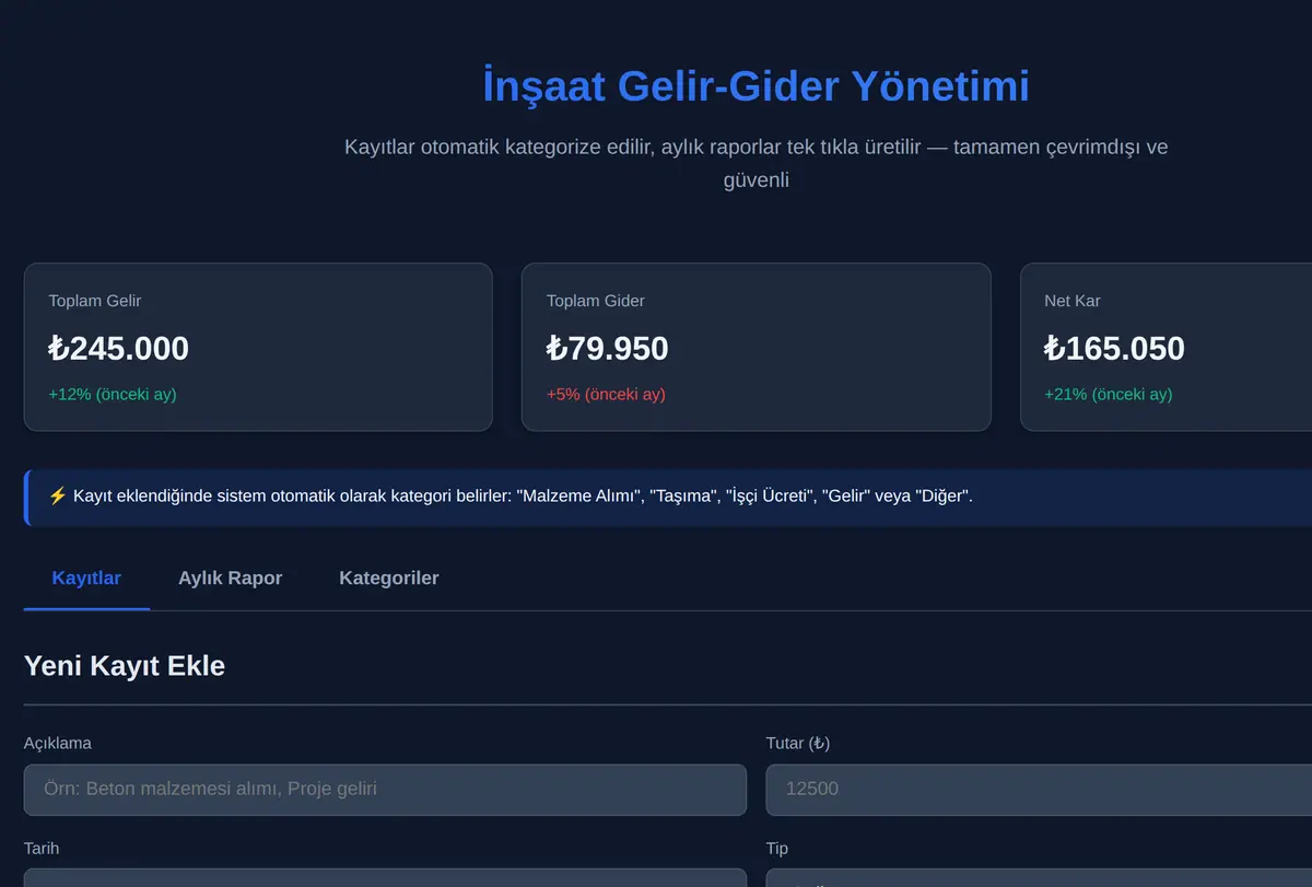 İnşaat Gelir-Gider Yönetimi ekran görüntüsü