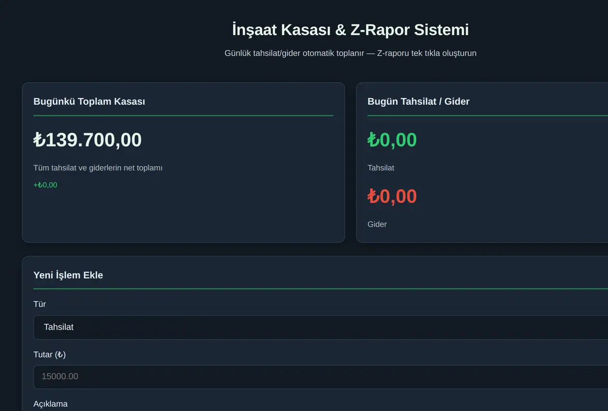 İnşaat Kasası & Z-Rapor Sistemi ekran görüntüsü