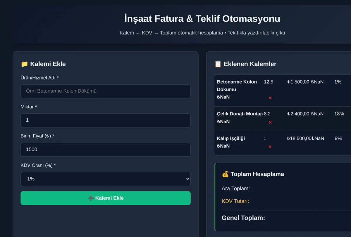 İnşaat Fatura & Teklif Otomasyonu ekran görüntüsü