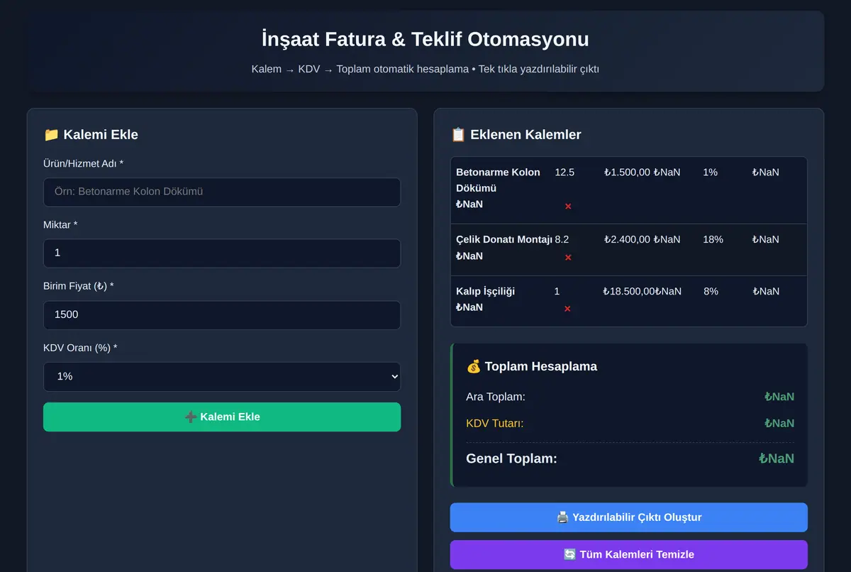 İnşaat Fatura & Teklif Otomasyonu ekran görüntüsü 2