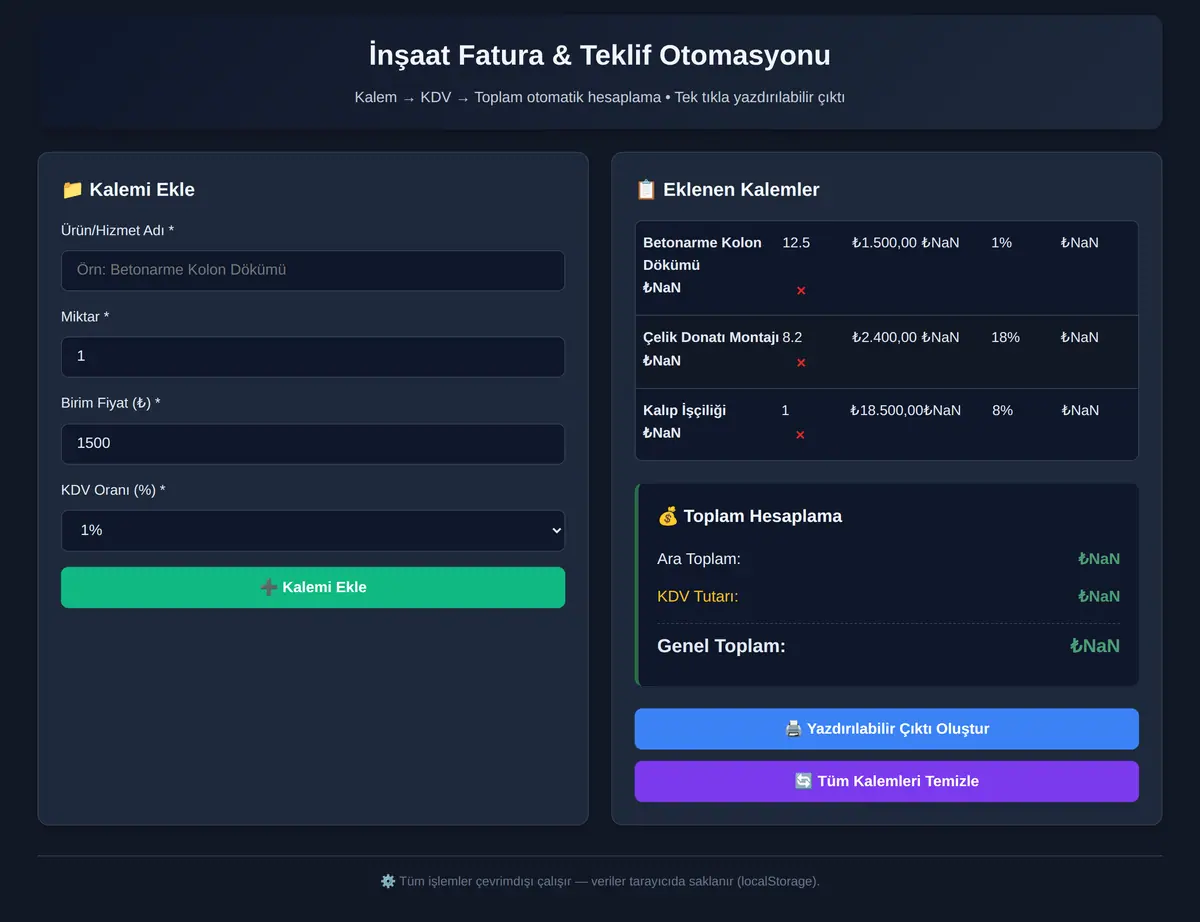 İnşaat Fatura & Teklif Otomasyonu ekran görüntüsü 3