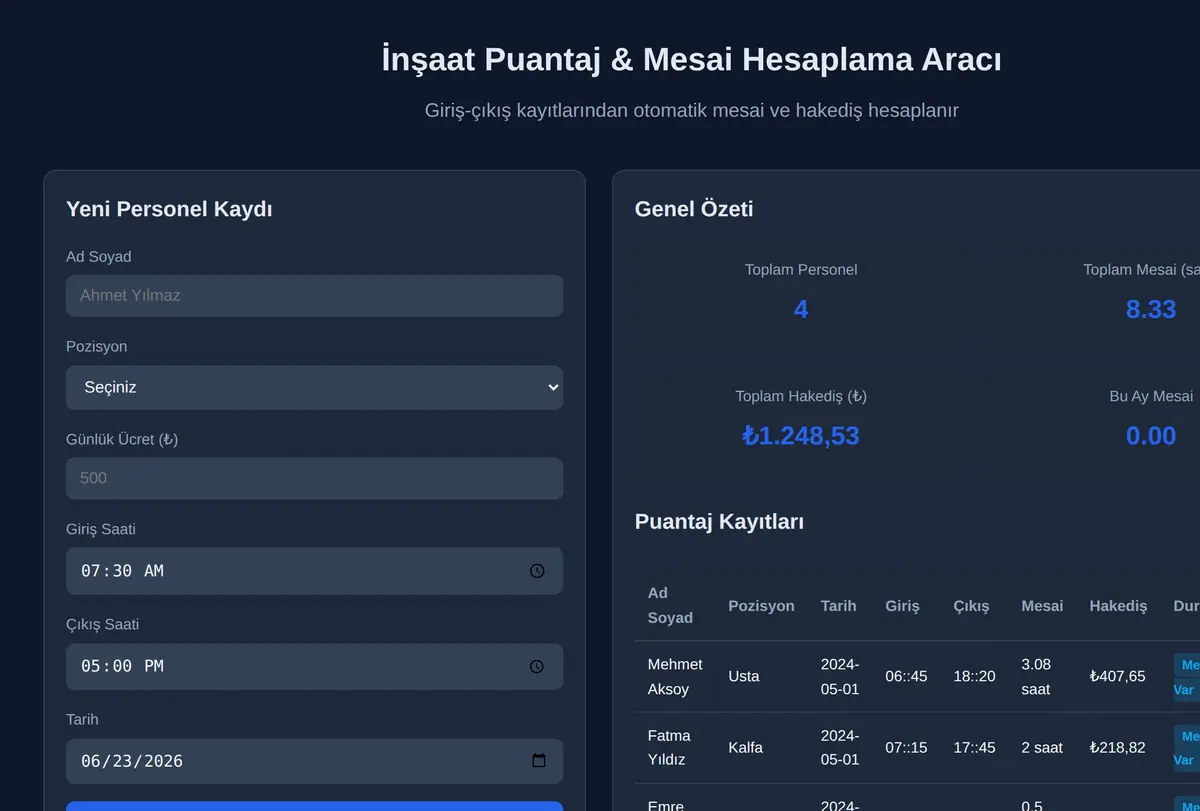 İnşaat Puantaj & Mesai Hesaplama Aracı ekran görüntüsü