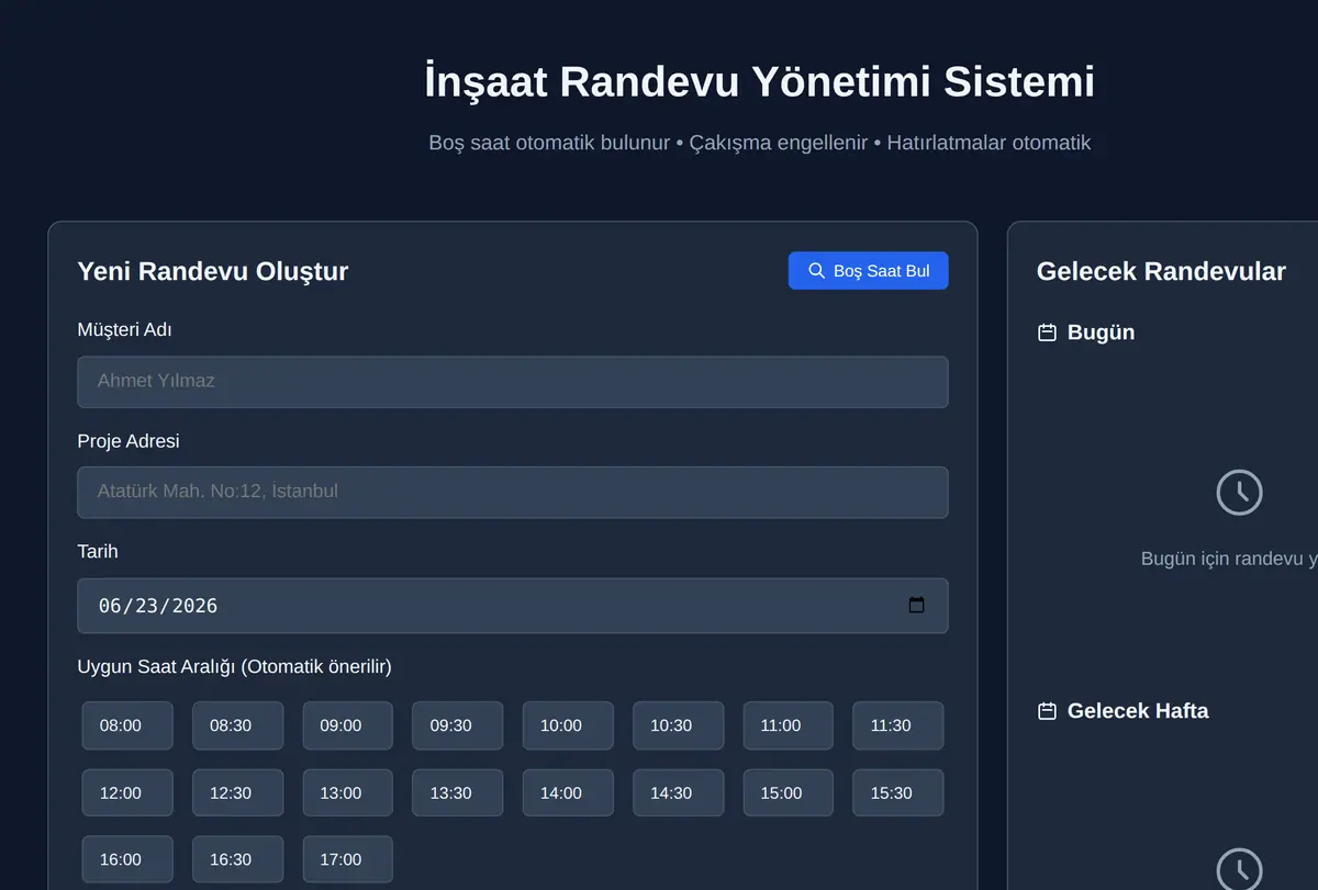 İnşaat Randevu Yönetimi Sistemi ekran görüntüsü