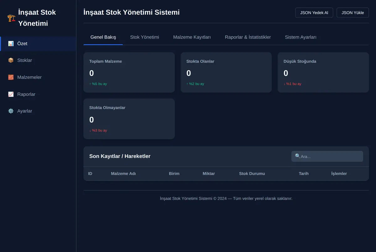 İnşaat Stok Yönetimi Sistemi ekran görüntüsü 2
