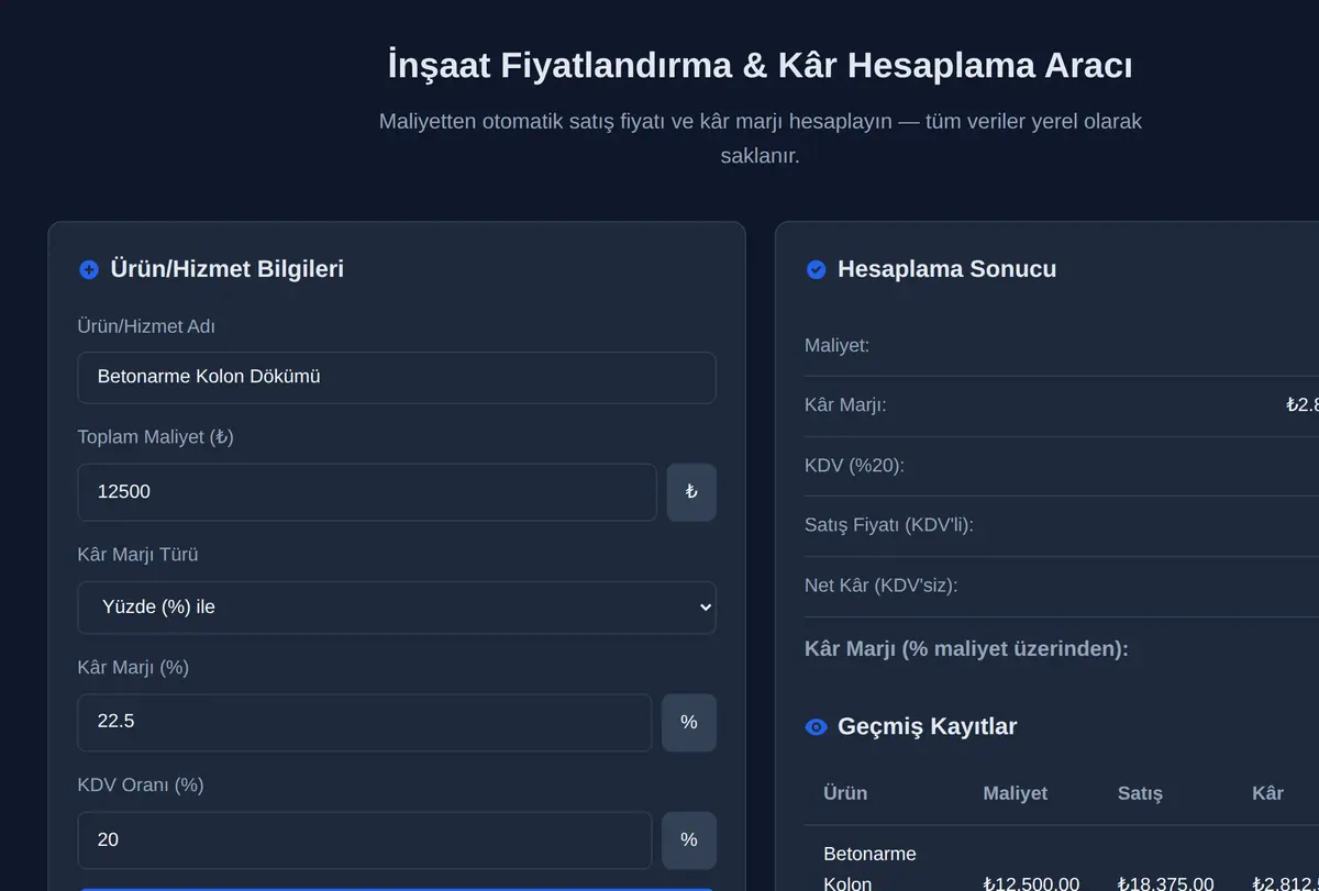 İnşaat Fiyatlandırma & Kâr Hesaplama Aracı ekran görüntüsü