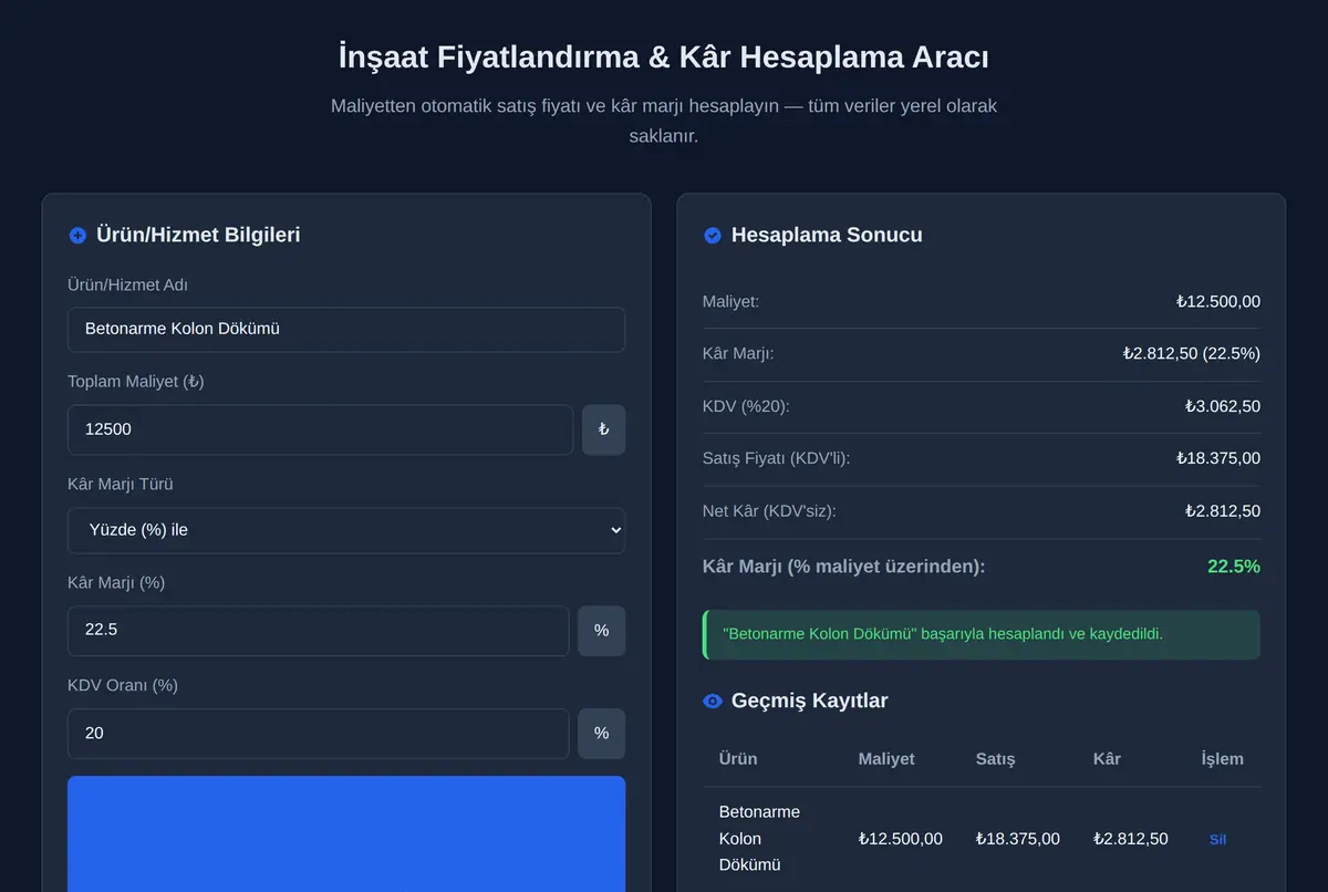 İnşaat Fiyatlandırma & Kâr Hesaplama Aracı ekran görüntüsü 2