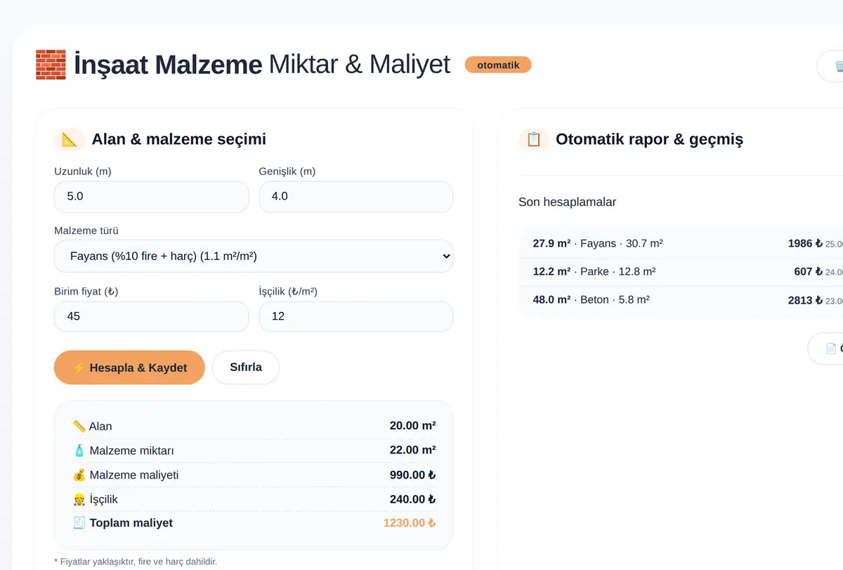 İnşaat Malzeme Miktarı ve Maliyet Hesaplama ekran görüntüsü