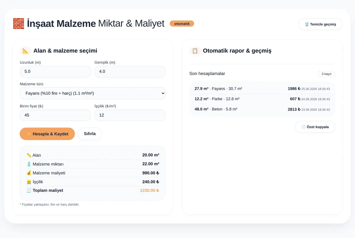 İnşaat Malzeme Miktarı ve Maliyet Hesaplama ekran görüntüsü 2