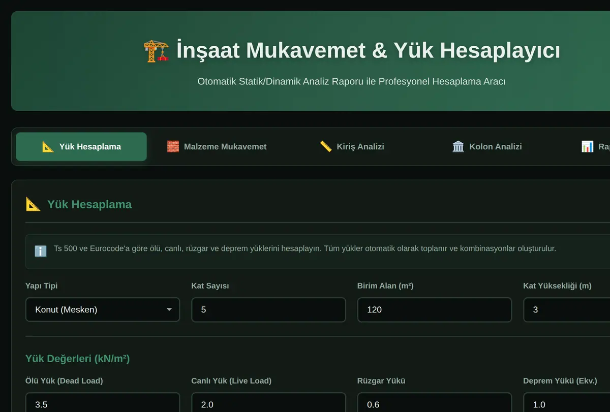İnşaat Mukavemet & Yük Hesaplayıcı ekran görüntüsü