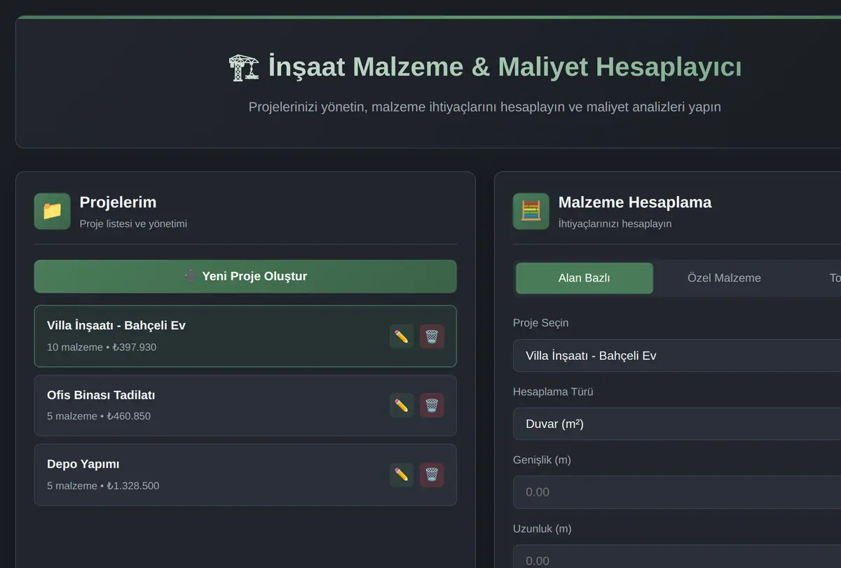İnşaat Malzeme & Maliyet Hesaplayıcı ekran görüntüsü