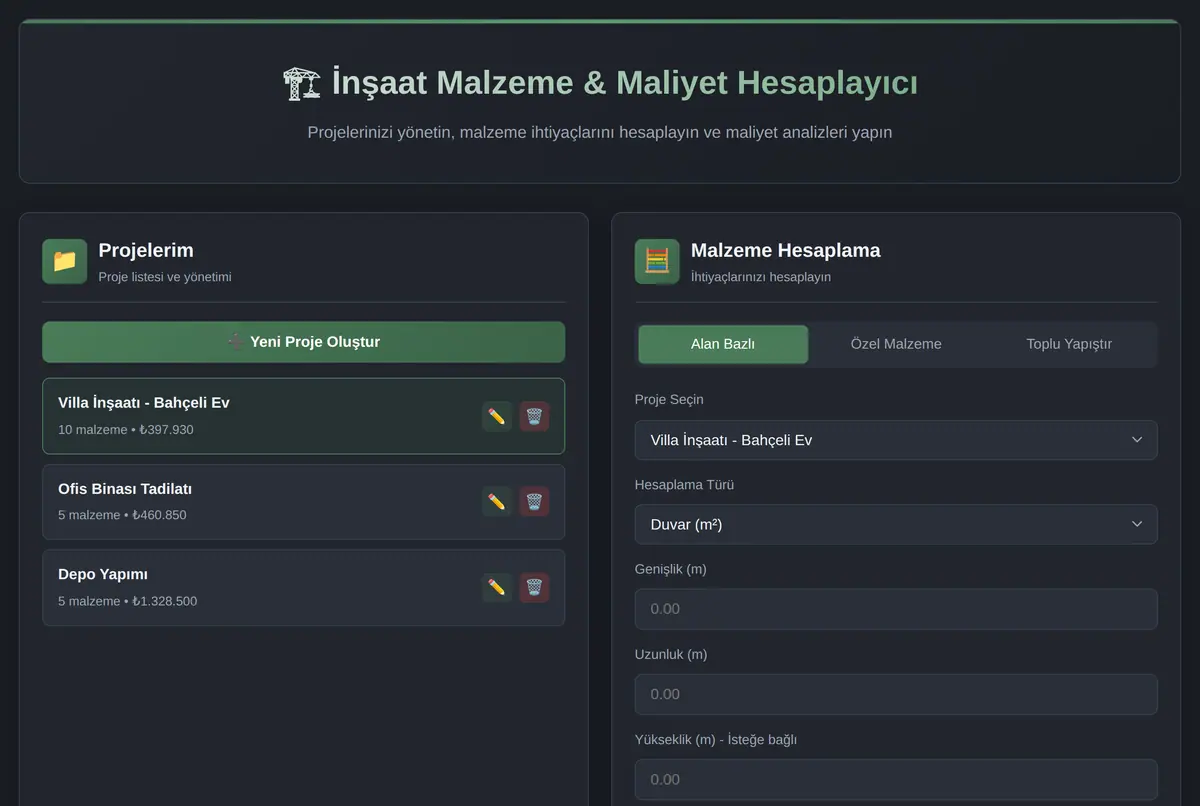 İnşaat Malzeme & Maliyet Hesaplayıcı ekran görüntüsü 2
