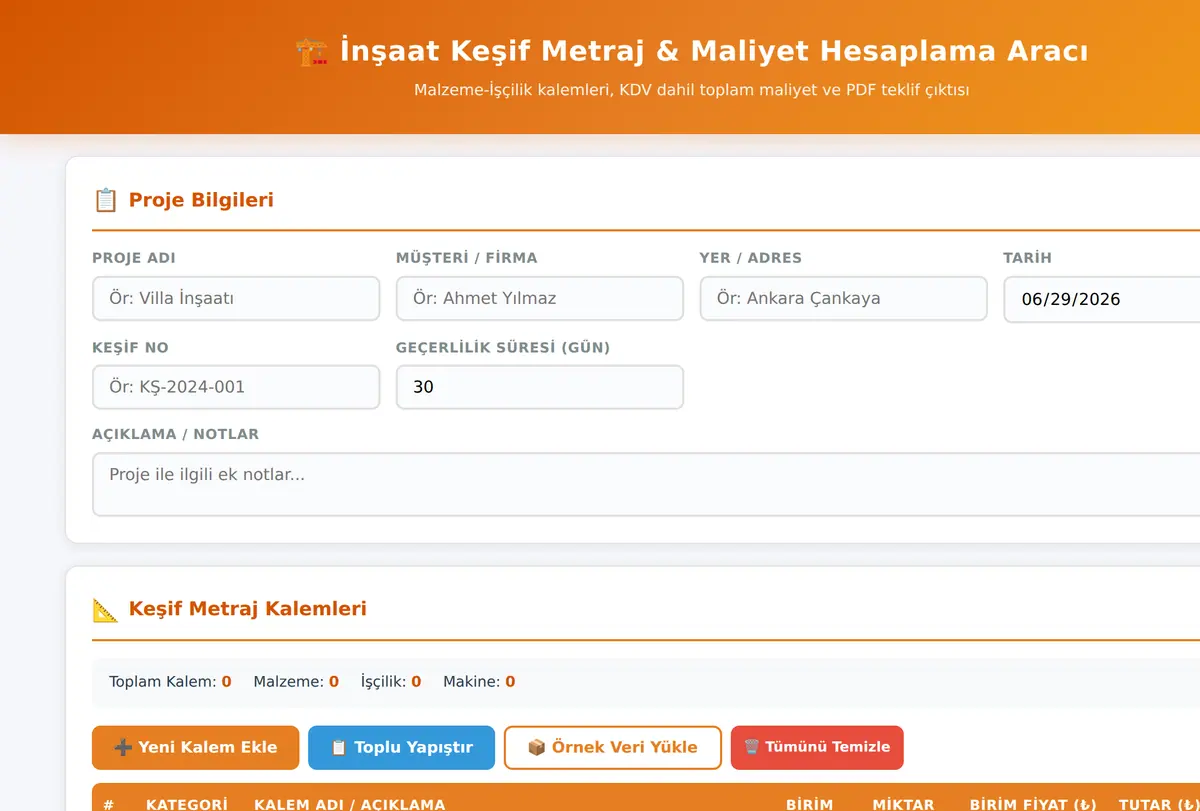 İnşaat Keşif Metraj & Maliyet Hesaplama Aracı ekran görüntüsü