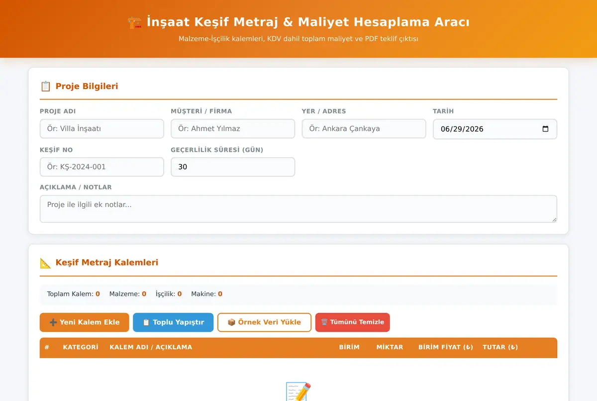 İnşaat Keşif Metraj & Maliyet Hesaplama Aracı ekran görüntüsü 2