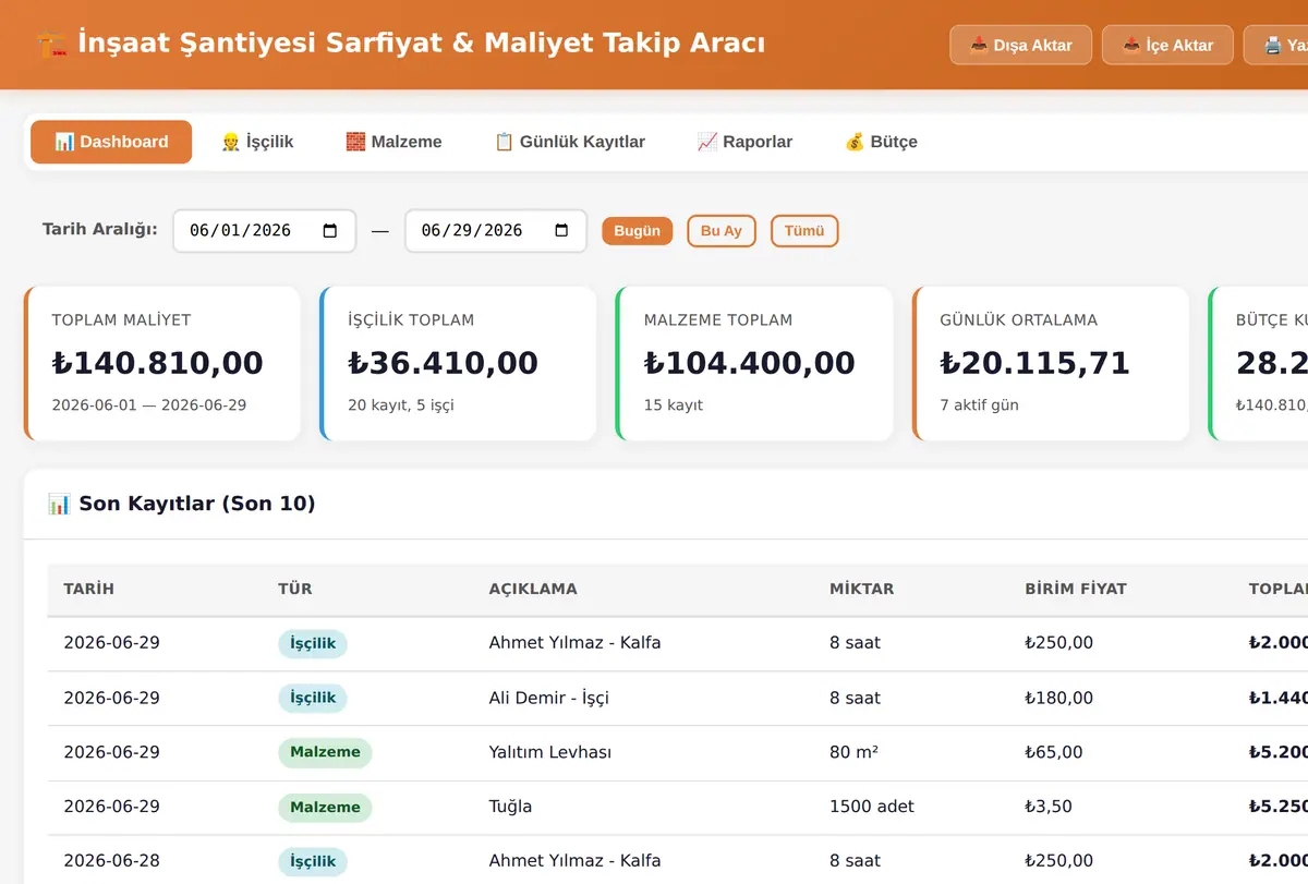 İnşaat Şantiyesi Sarfiyat & Maliyet Takip Aracı ekran görüntüsü