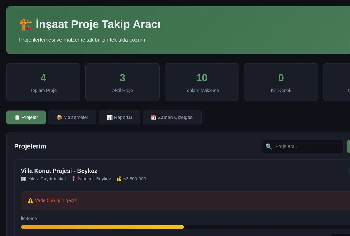 İnşaat Proje Takip Aracı ekran görüntüsü