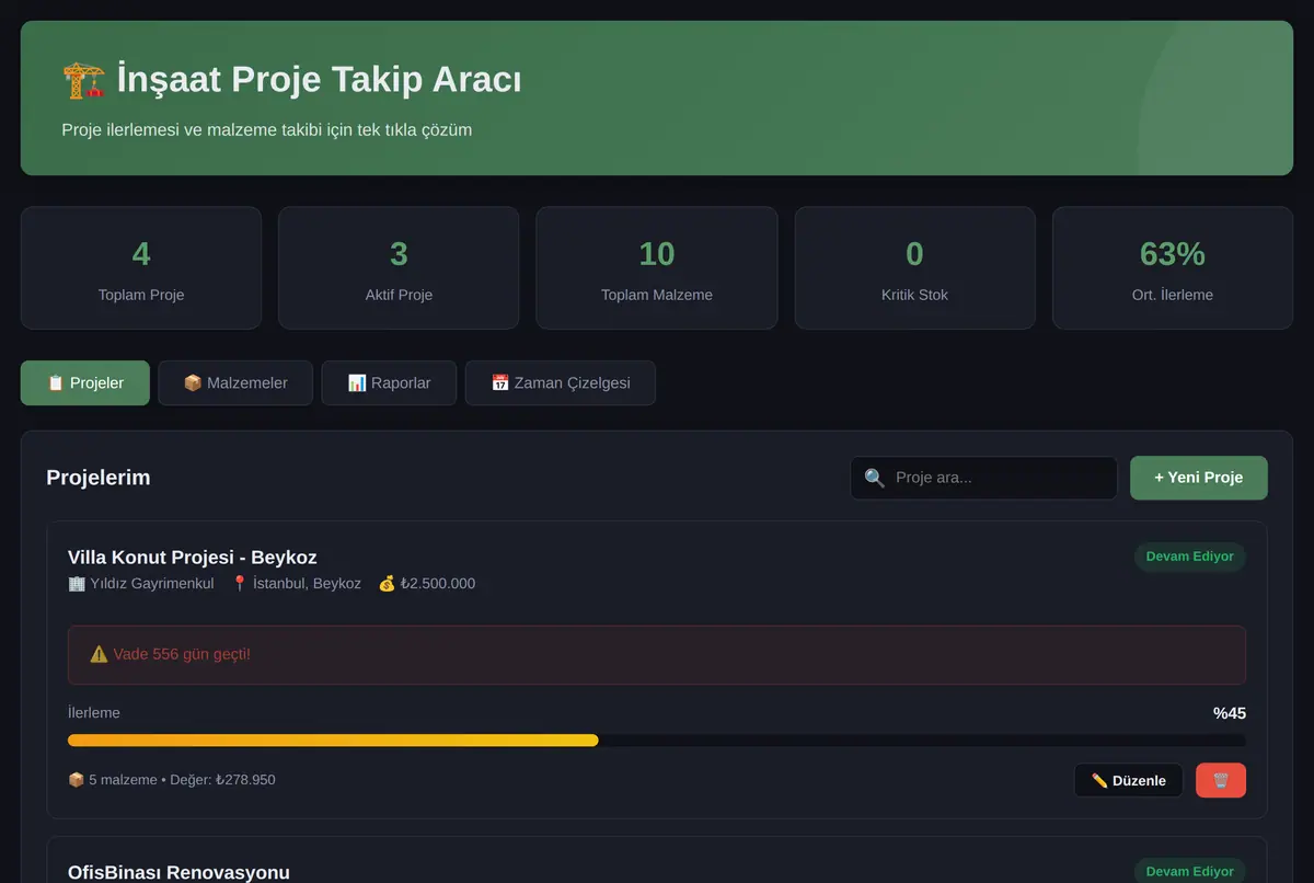 İnşaat Proje Takip Aracı ekran görüntüsü 2