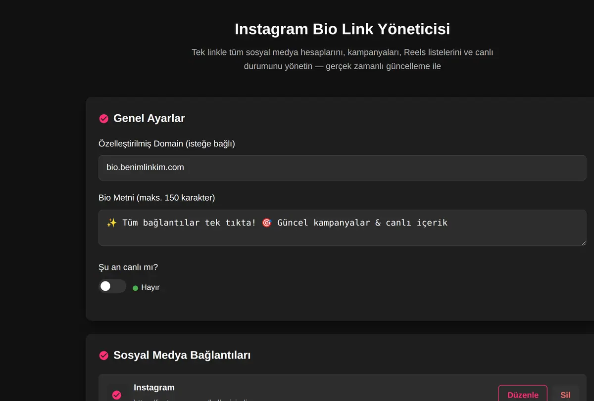 Instagram Bio Link Yöneticisi ekran görüntüsü