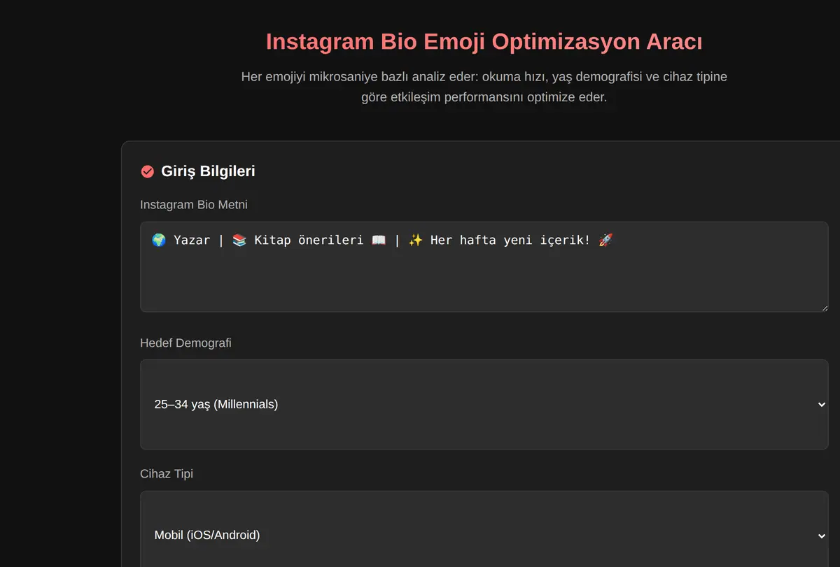 Instagram Bio Emoji Optimizasyon Aracı ekran görüntüsü