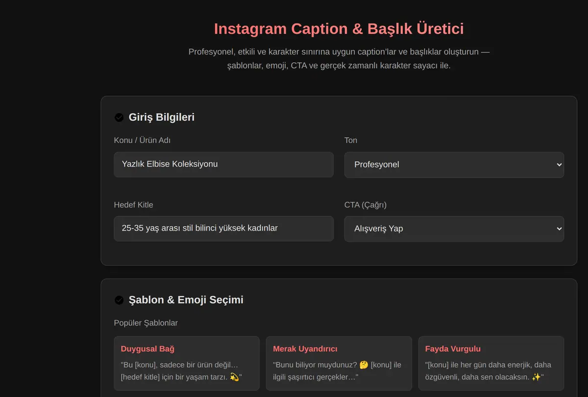 Instagram Caption & Başlık Üretici ekran görüntüsü