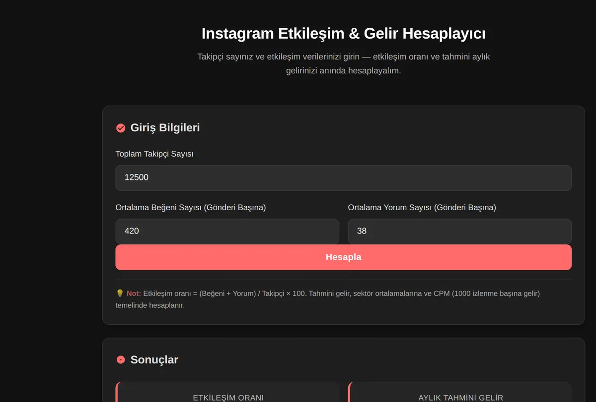 Instagram Etkileşim & Gelir Hesaplayıcı ekran görüntüsü