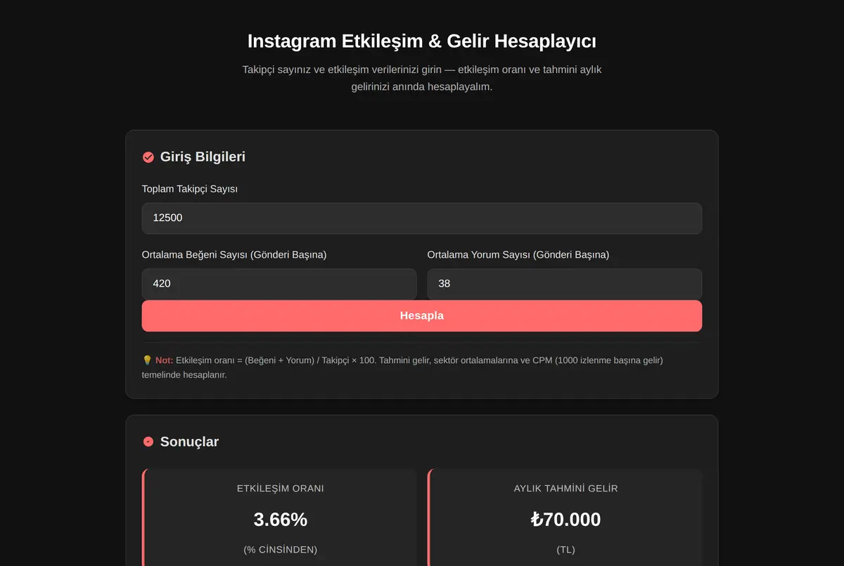 Instagram Etkileşim & Gelir Hesaplayıcı ekran görüntüsü 2