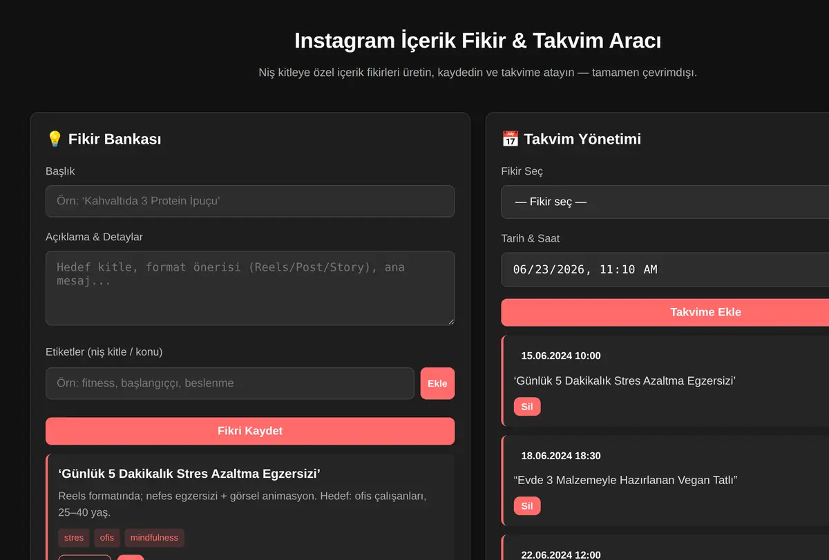 Instagram İçerik Fikir & Takvim Aracı ekran görüntüsü
