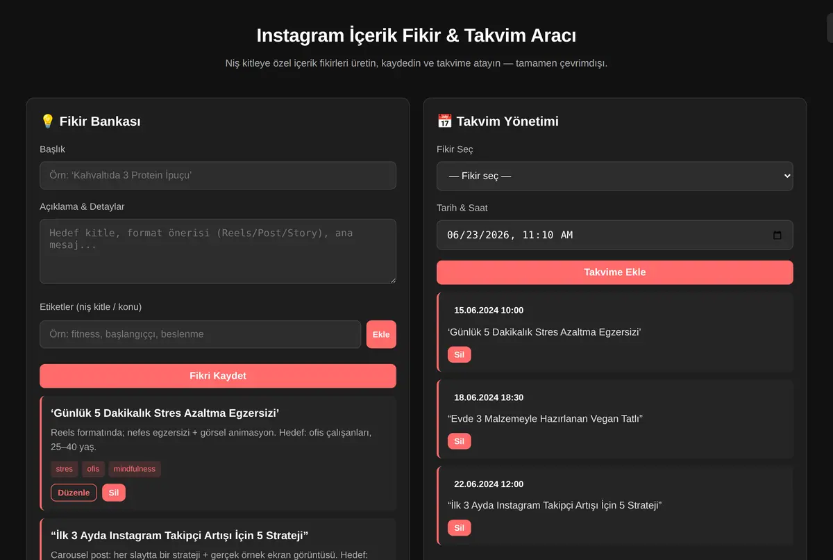 Instagram İçerik Fikir & Takvim Aracı ekran görüntüsü 2
