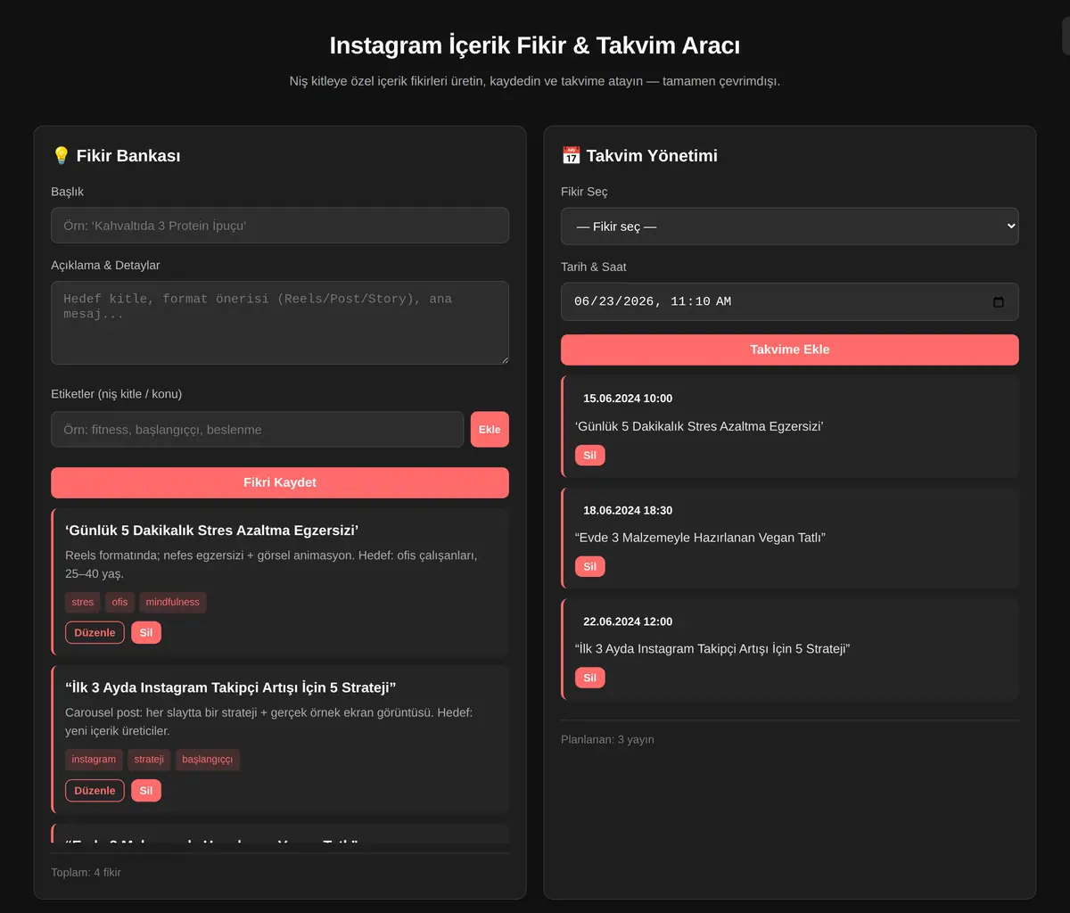 Instagram İçerik Fikir & Takvim Aracı ekran görüntüsü 3