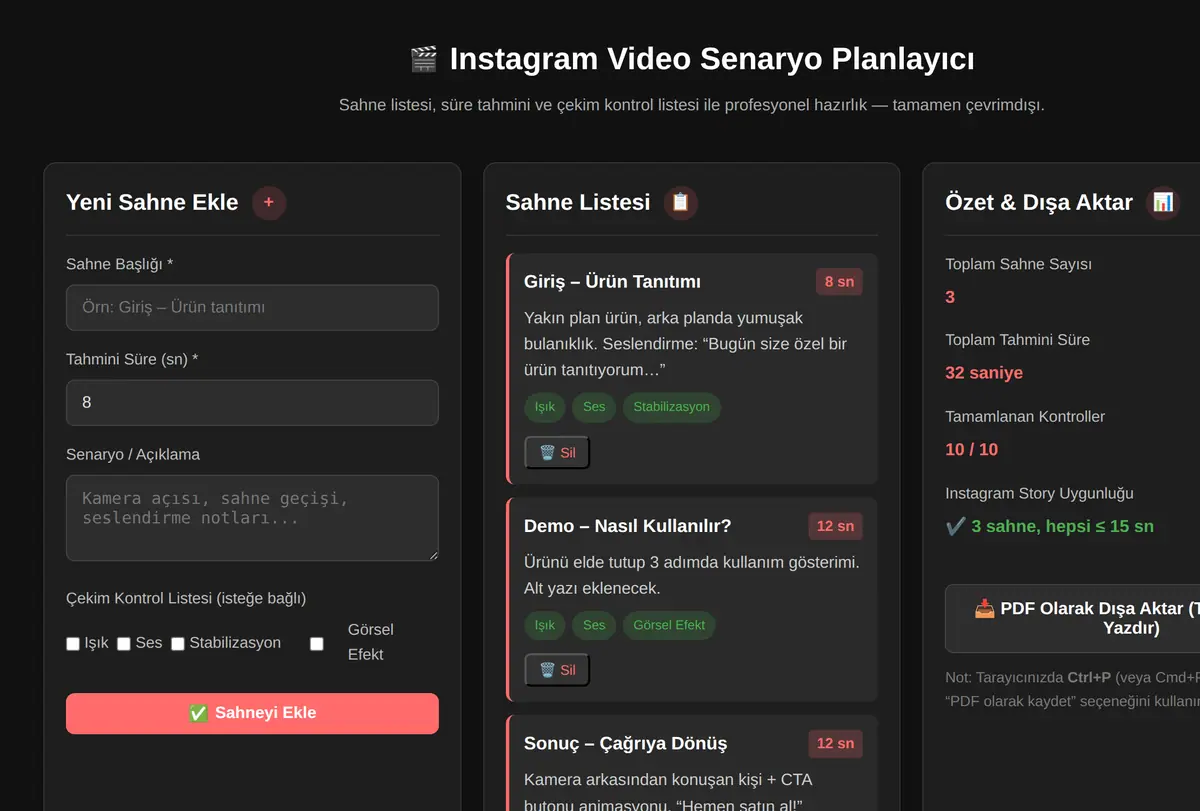Instagram Video Senaryo Planlayıcı ekran görüntüsü