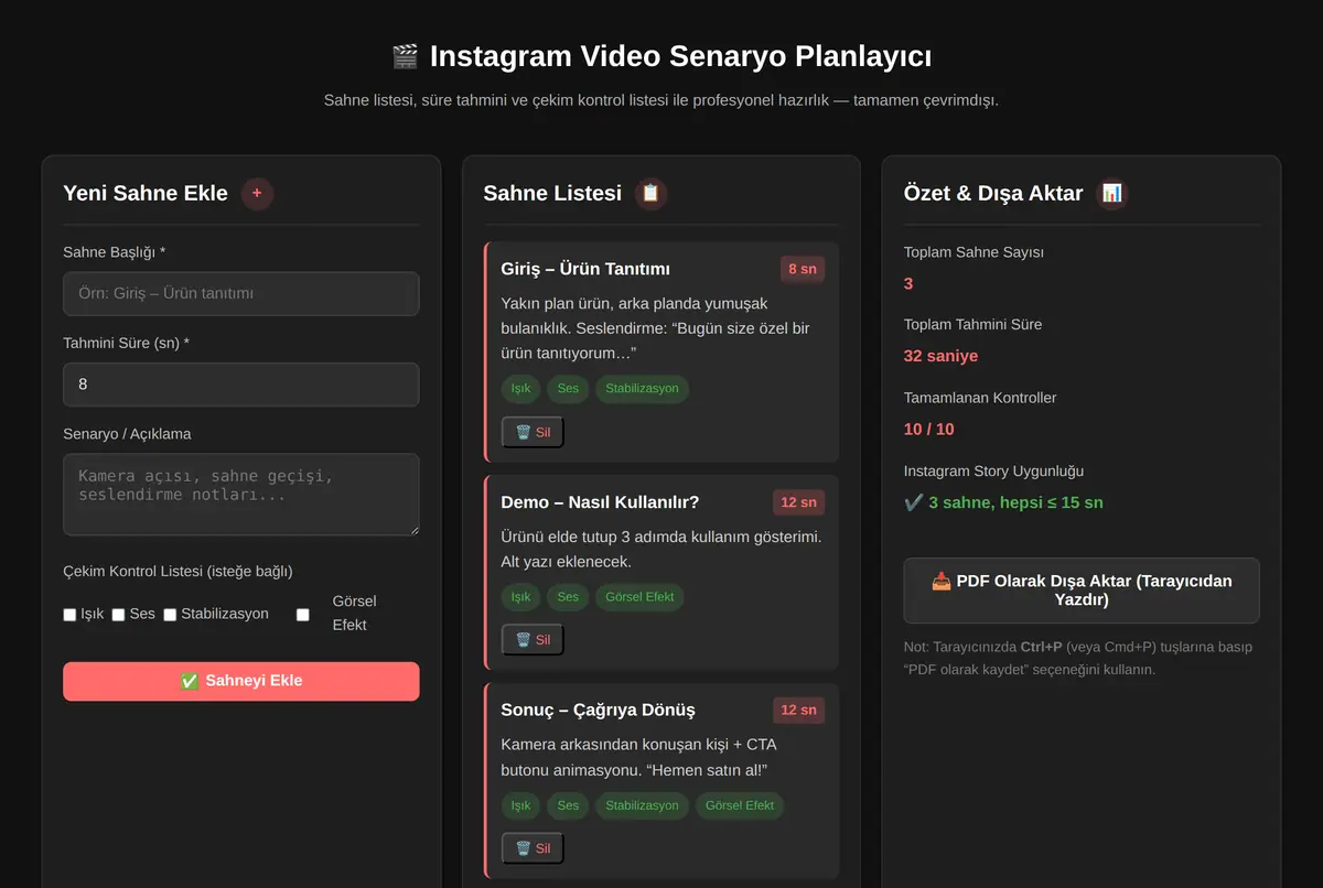 Instagram Video Senaryo Planlayıcı ekran görüntüsü 2