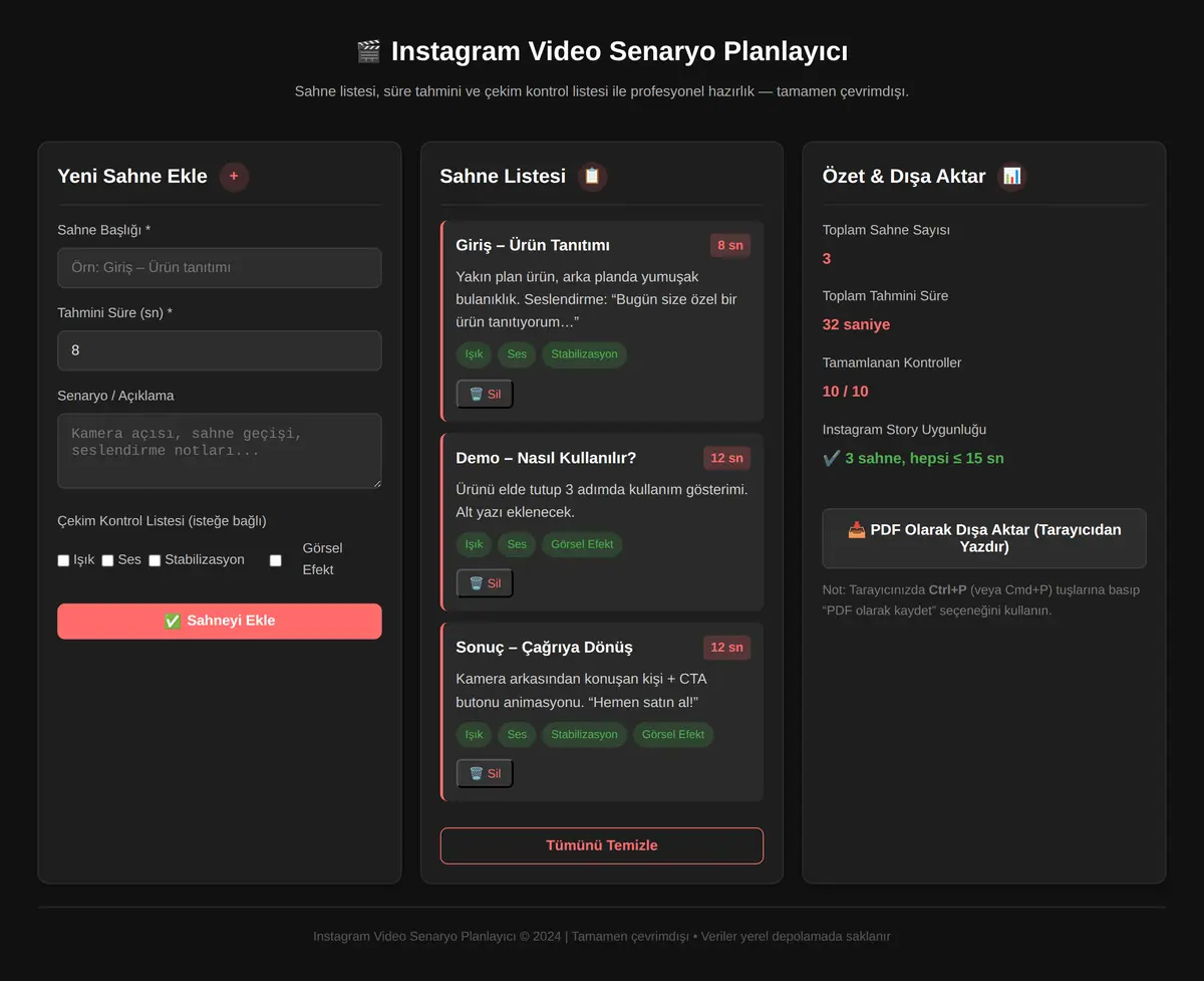 Instagram Video Senaryo Planlayıcı ekran görüntüsü 3