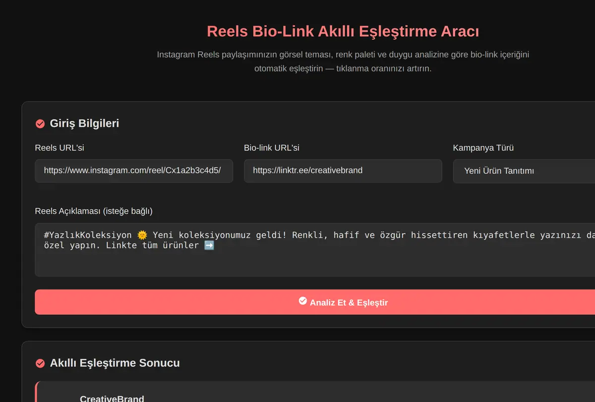 Reels Bio-Link Akıllı Eşleştirme Aracı ekran görüntüsü