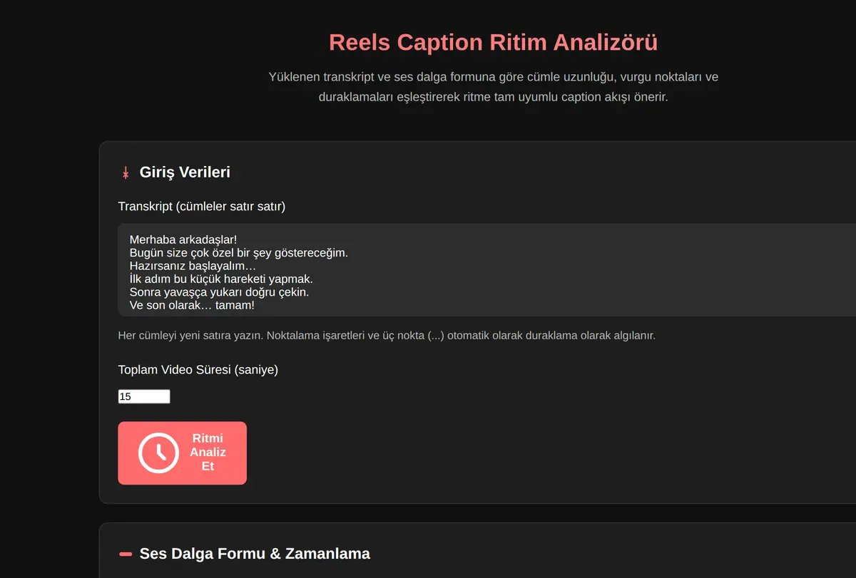 Reels Caption Ritim Analizörü ekran görüntüsü