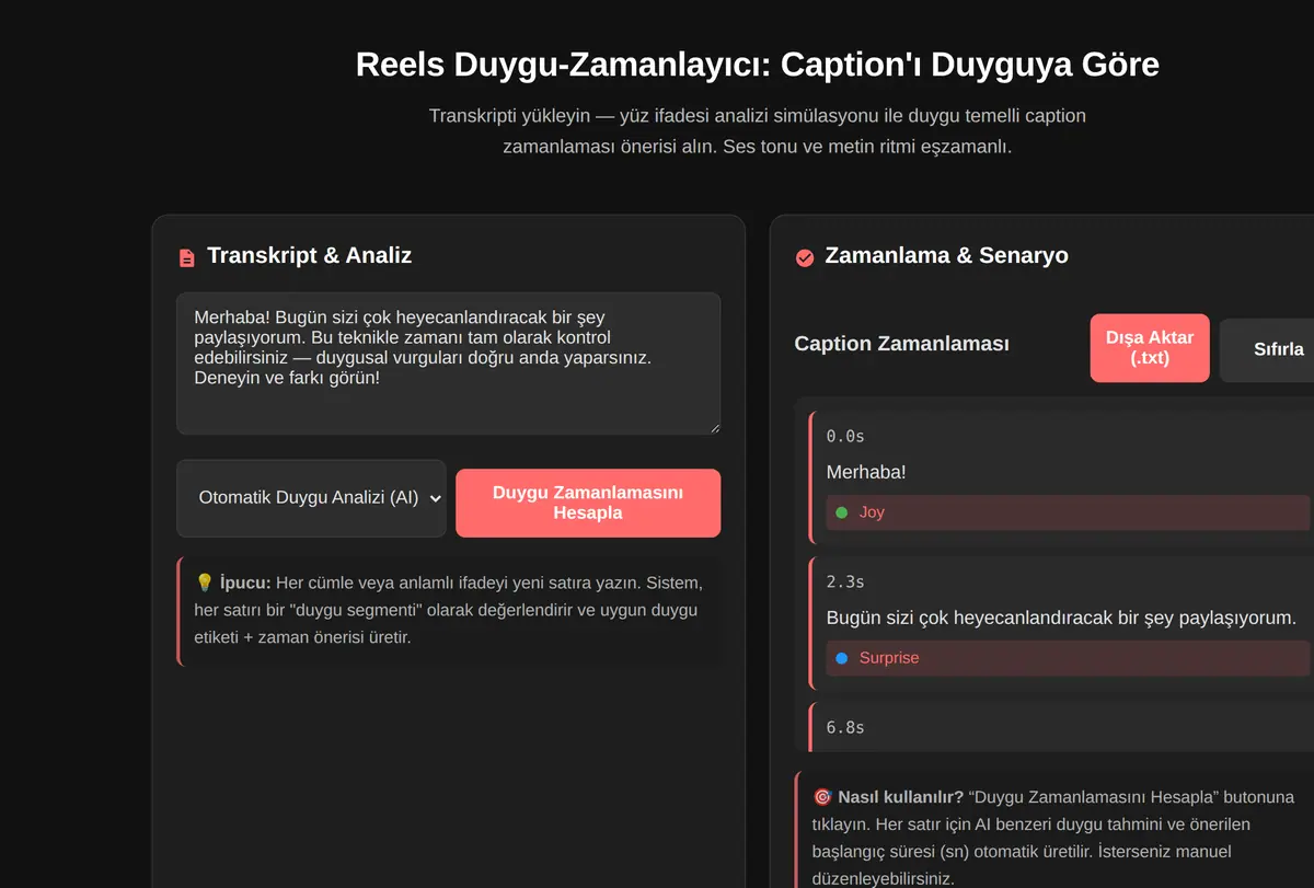 Reels Duygu-Zamanlayıcı: Caption'ı Duyguya Göre ekran görüntüsü