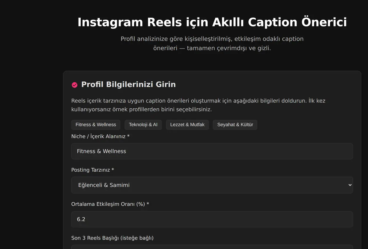 Instagram Reels için Akıllı Caption Önerici ekran görüntüsü