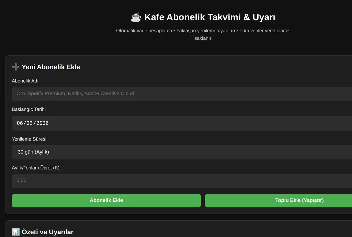 Kafe Abonelik Takvimi & Uyarı ekran görüntüsü