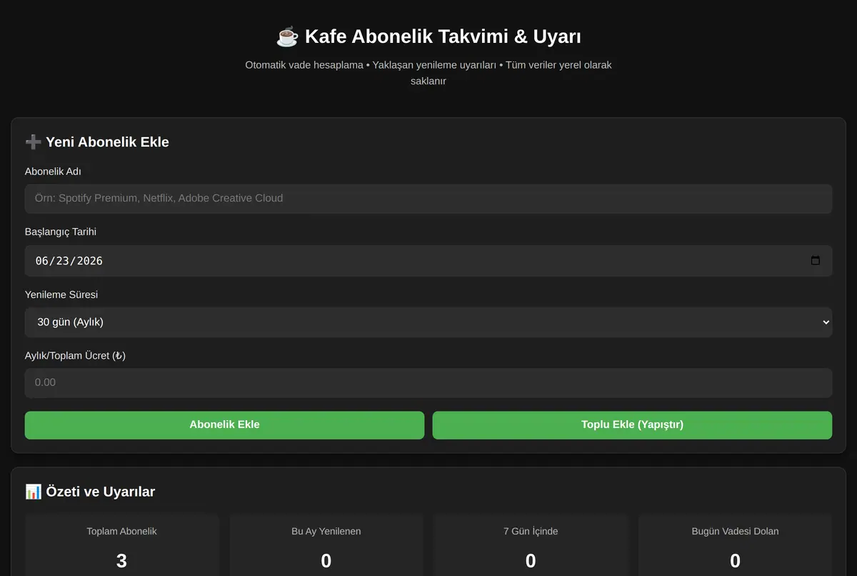 Kafe Abonelik Takvimi & Uyarı ekran görüntüsü 2