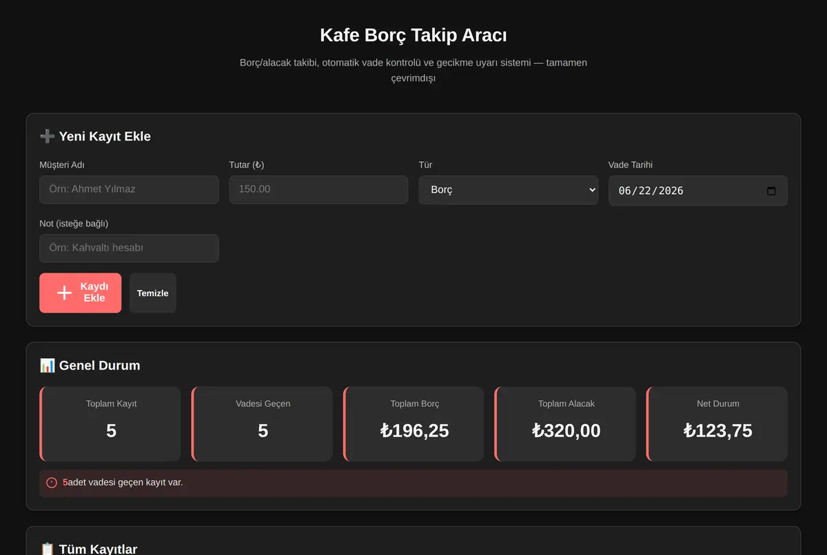 Kafe Borç Takip Aracı ekran görüntüsü 2