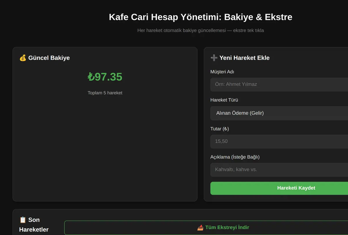 Kafe Cari Hesap Yönetimi: Bakiye & Ekstre ekran görüntüsü