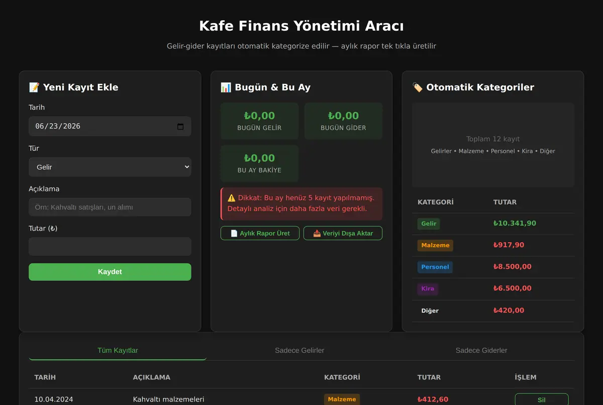 Kafe Finans Yönetimi Aracı ekran görüntüsü 2