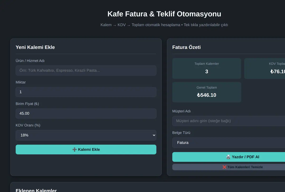 Kafe Fatura & Teklif Otomasyonu ekran görüntüsü
