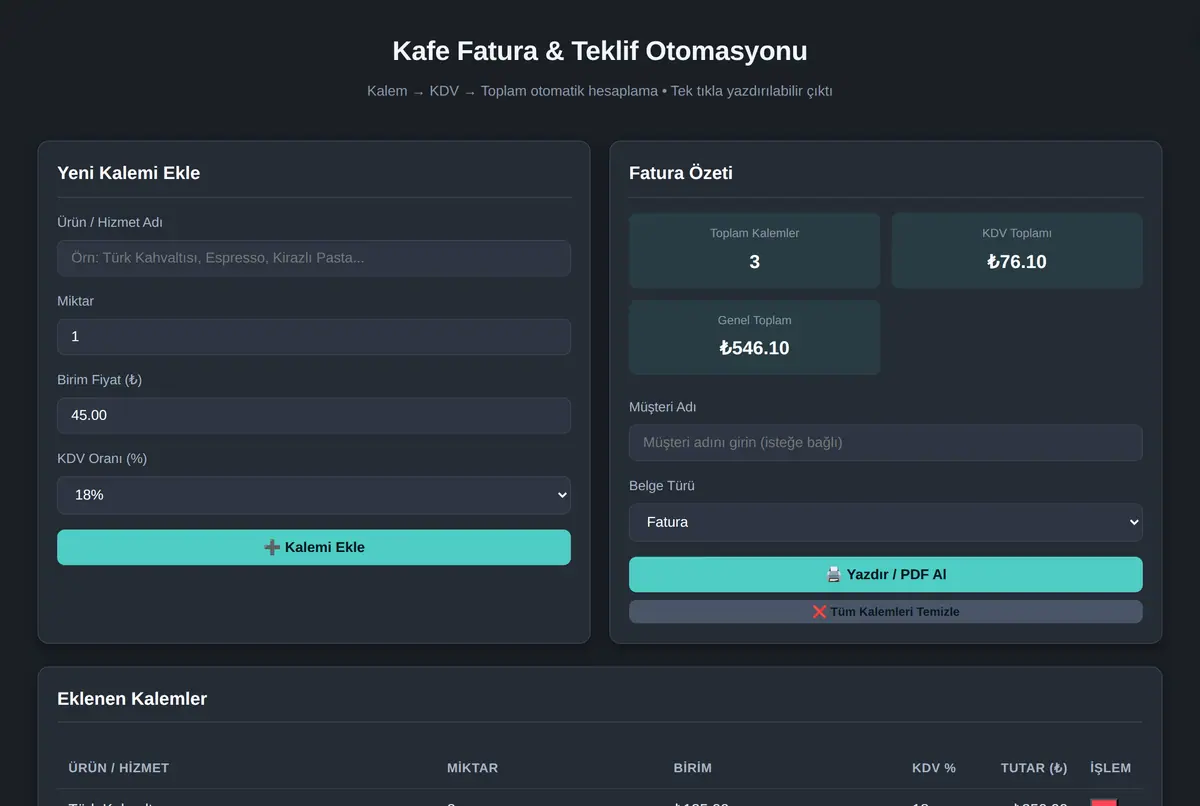 Kafe Fatura & Teklif Otomasyonu ekran görüntüsü 2