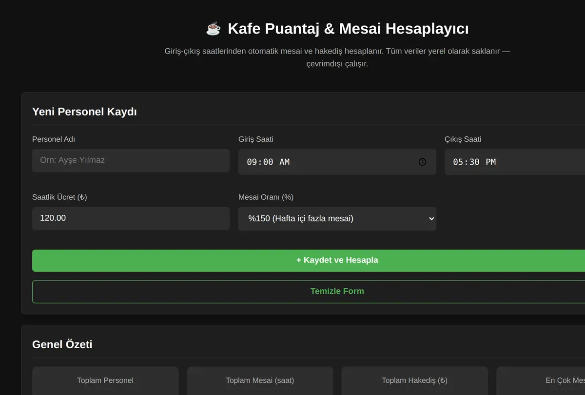 Kafe Puantaj & Mesai Hesaplayıcı ekran görüntüsü