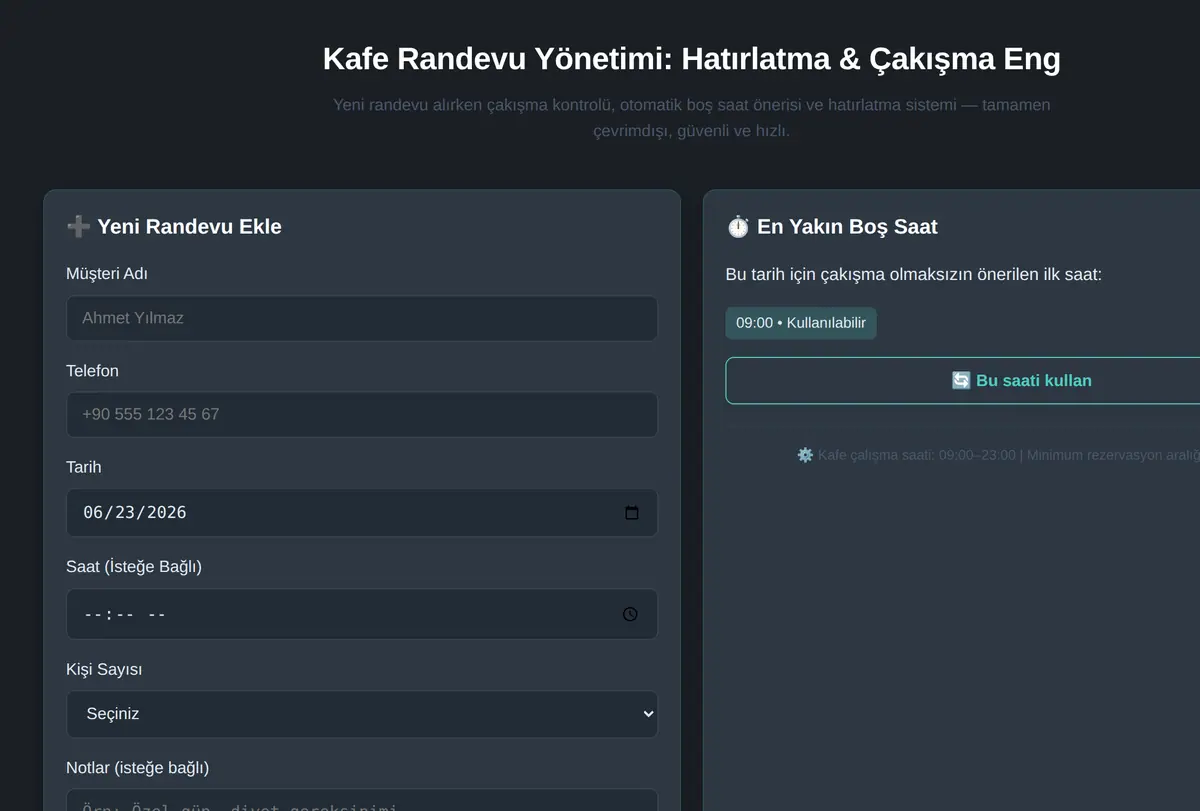 Kafe Randevu Yönetimi: Hatırlatma & Çakışma Eng ekran görüntüsü