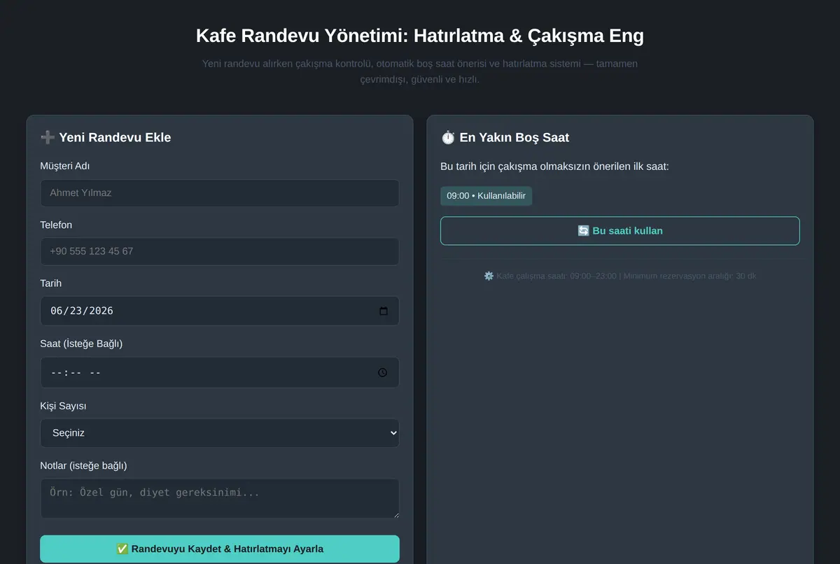 Kafe Randevu Yönetimi: Hatırlatma & Çakışma Eng ekran görüntüsü 2