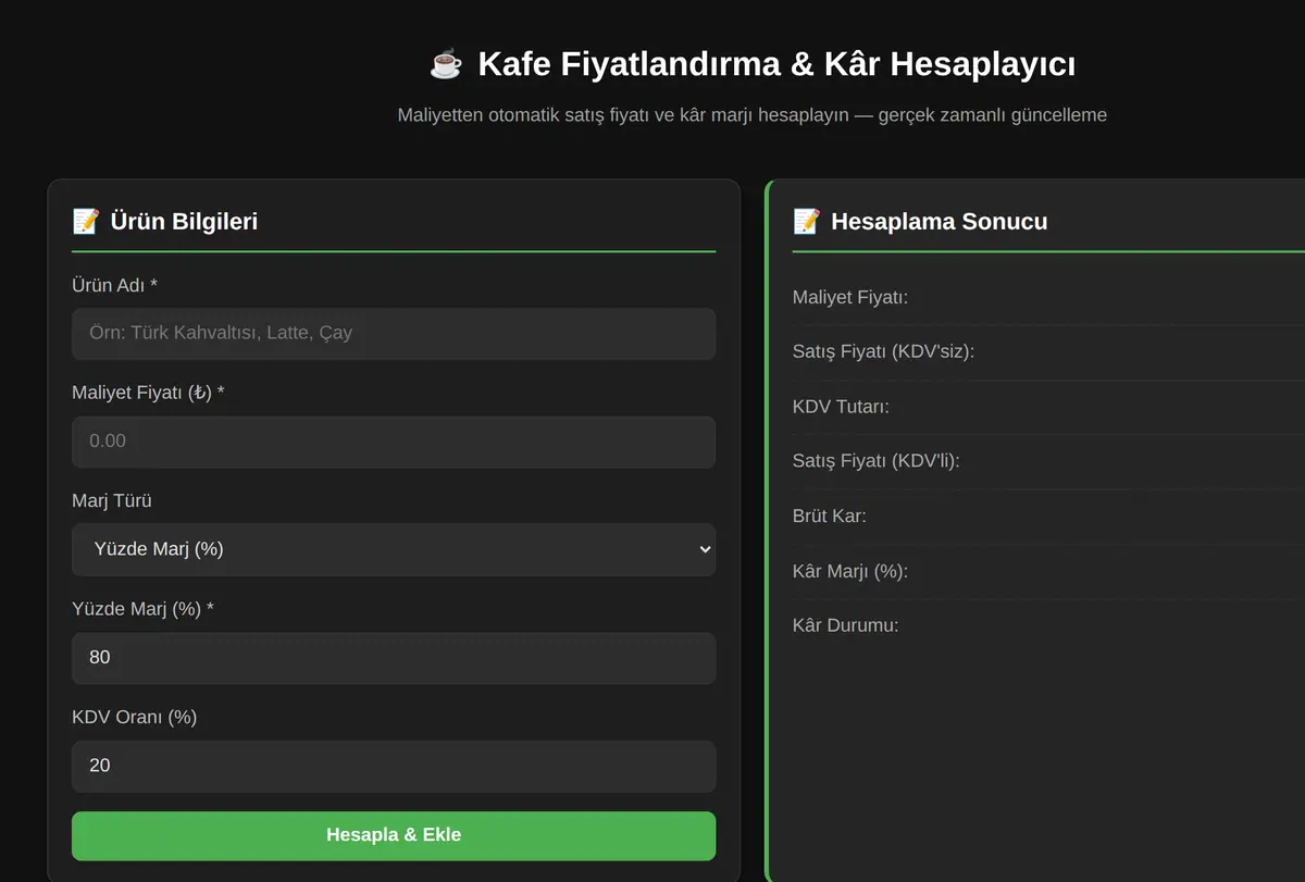 Kafe Fiyatlandırma & Kâr Hesaplayıcı ekran görüntüsü