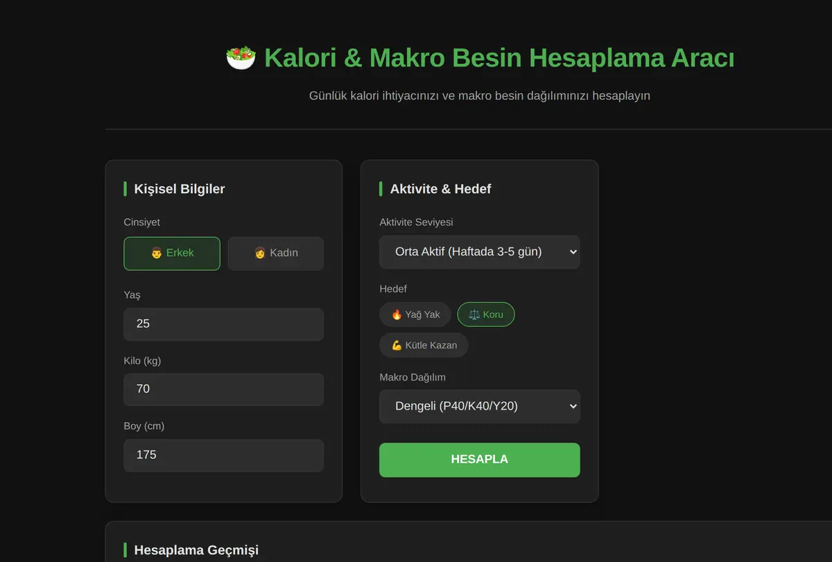 Kalori & Makro Besin Hesaplama Aracı ekran görüntüsü