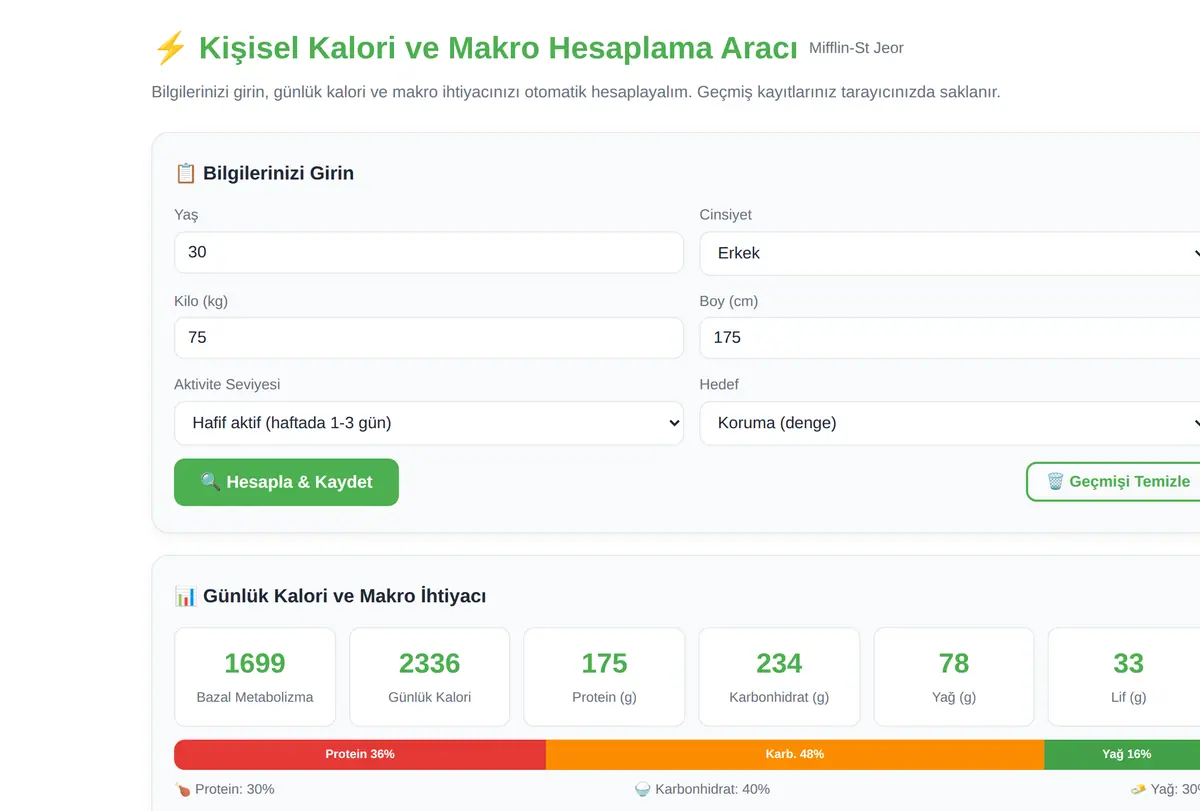 Kişisel Kalori ve Makro Hesaplama Aracı ekran görüntüsü