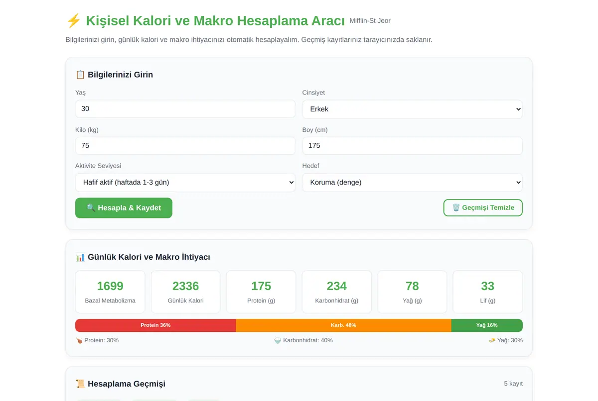 Kişisel Kalori ve Makro Hesaplama Aracı ekran görüntüsü 2