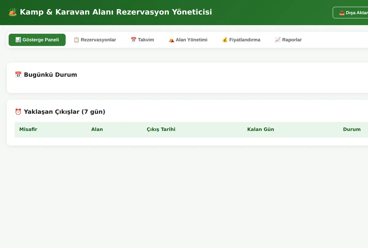 Kamp & Karavan Alanı Rezervasyon Yöneticisi ekran görüntüsü